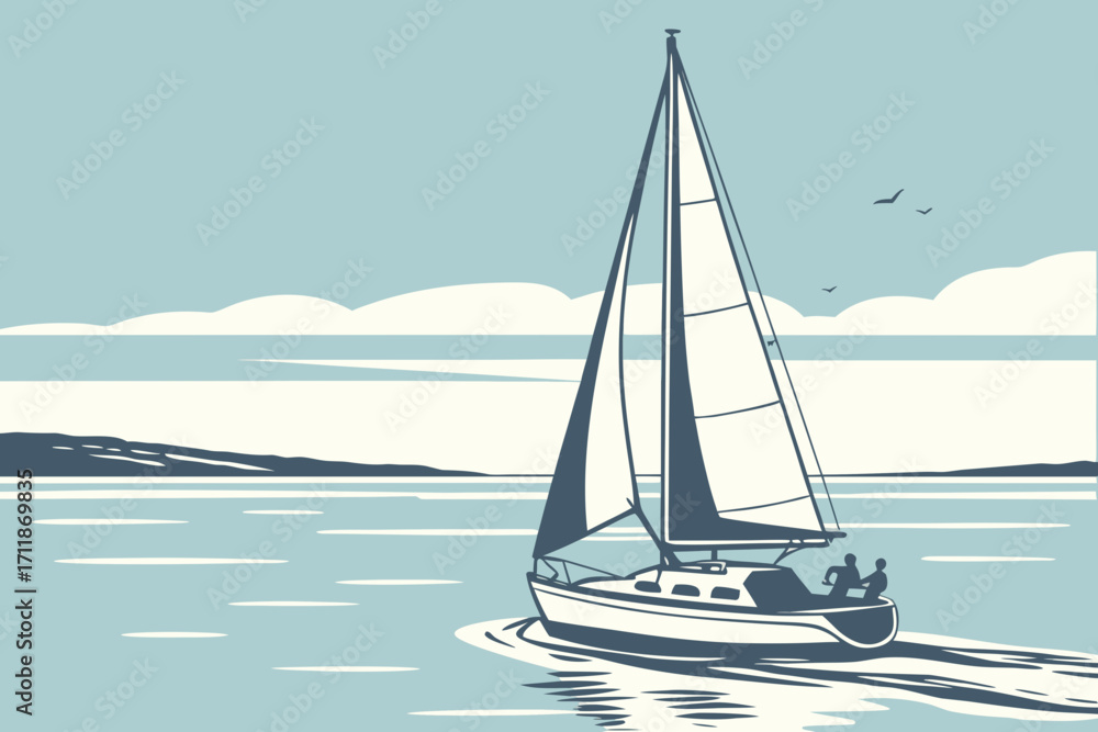 Fototapeta premium Sailboat gliding across calm blue waters under a serene sky.