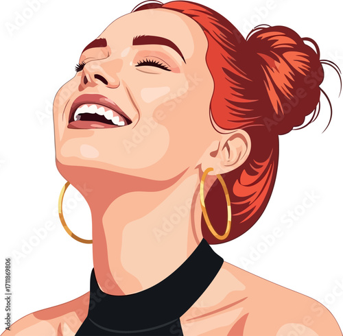 Joyful woman with eyes closed and head tilted back in laughter, celebrating a moment of pure happiness.