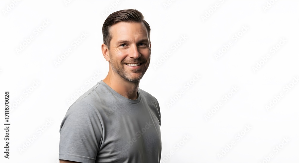 Fototapeta premium Smiling Man in Gray T-Shirt on White Background, Studio Portrait
