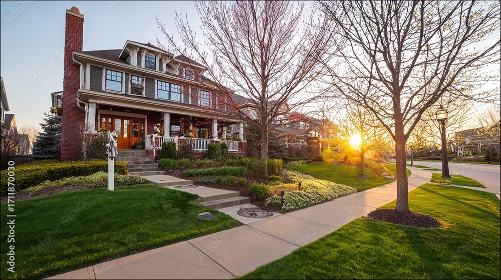 Fototapeta premium Elegant suburban home with brick and siding textures, manicured lawn and pathway lighting, bathed in golden sunlight - timeless charm and modern co
