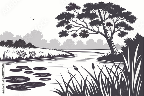Serene Lakeside Landscape with Silhouetted Trees and Water Lilies.