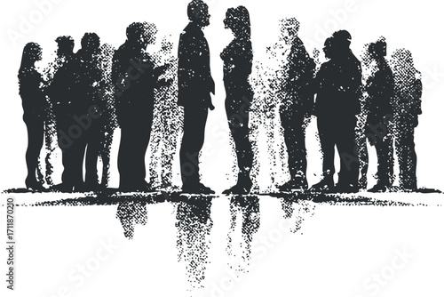A stylized silhouette of people engaging in conversation and social interaction in a group setting.