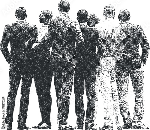 Silhouettes of a group of men in suits standing together, symbolizing teamwork and professionalism.