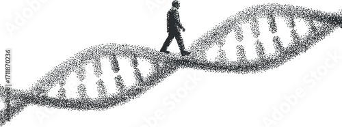 A conceptual illustration of a person walking on a DNA double helix symbolizing scientific progress.