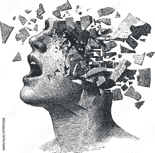 An artistic depiction of a fragmented head expressing intense emotion through disintegration.