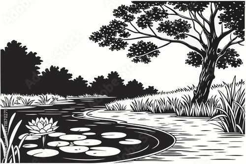 Serene Woodland Pond with Lily Pad and Tree.
