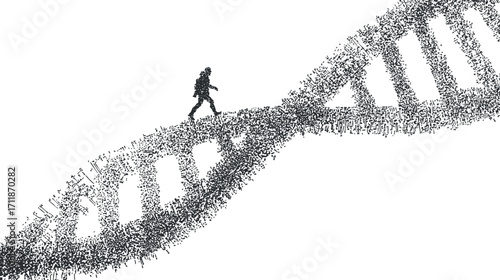 A conceptual illustration of a person walking on a DNA helix representing genetics and innovation.