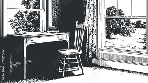 A minimalist interior scene featuring a desk and chair by a window with a natural view.