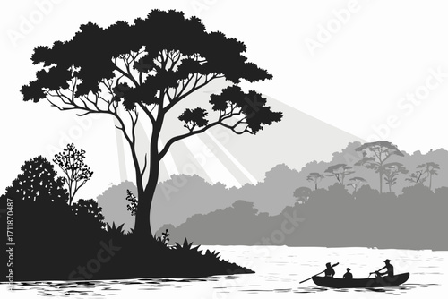 Silhouette of a canoe with people on a river surrounded by lush jungle and a large tree.