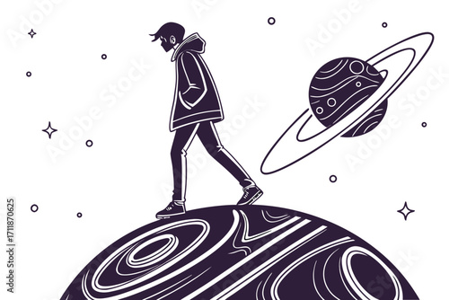 Silhouette of a person walking on a planet with Saturn in the background.