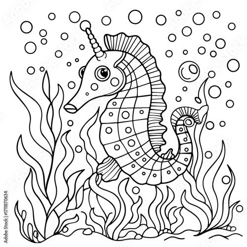 Cute Seahorse in ocean line art for kids coloring pages or book , vector illustration design.