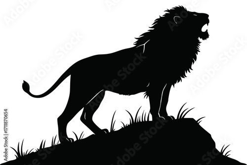 Silhouette of a roaring lion on a rocky outcrop.