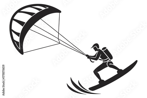Silhouette of a person kitesurfing on a board.