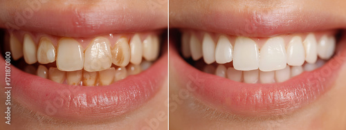 Close-up photos of teeth: damaged by soda and coffee vs. restored with toothpaste. Bright white, intact teeth in natural light