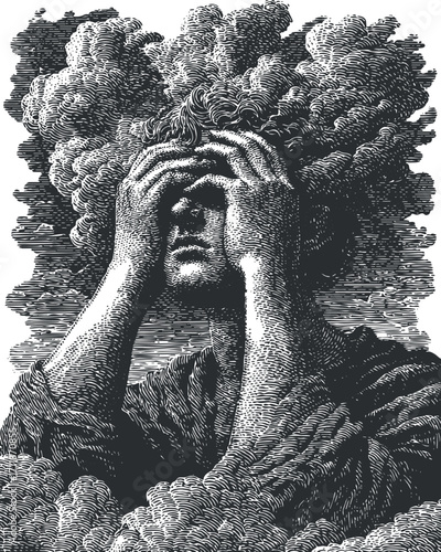 A vintage illustration depicting a figure overwhelmed by thoughts represented as clouds.
