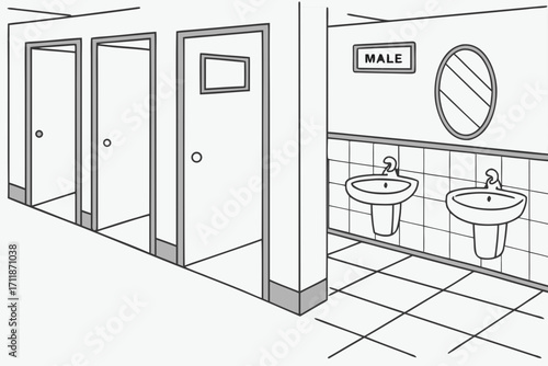 Simple Line Drawing of a Male Restroom Interior.
