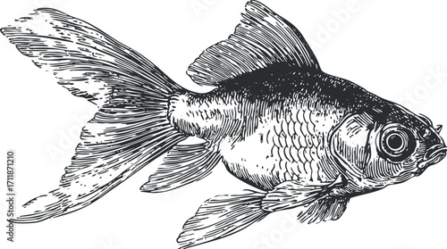 Detailed illustration of a goldfish showcasing its fins and unique features in a vintage style.