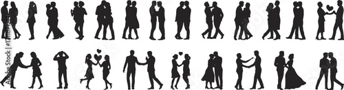 Romantic couple silhouette vector set, love couples in various poses, dating, dancing, hugging, LGBT, wedding, relationship, emotional connection, isolated on white