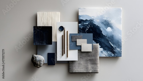 Elegant moodboard displaying a serene blue and white color palette with natural textures and elements for interior design inspiration