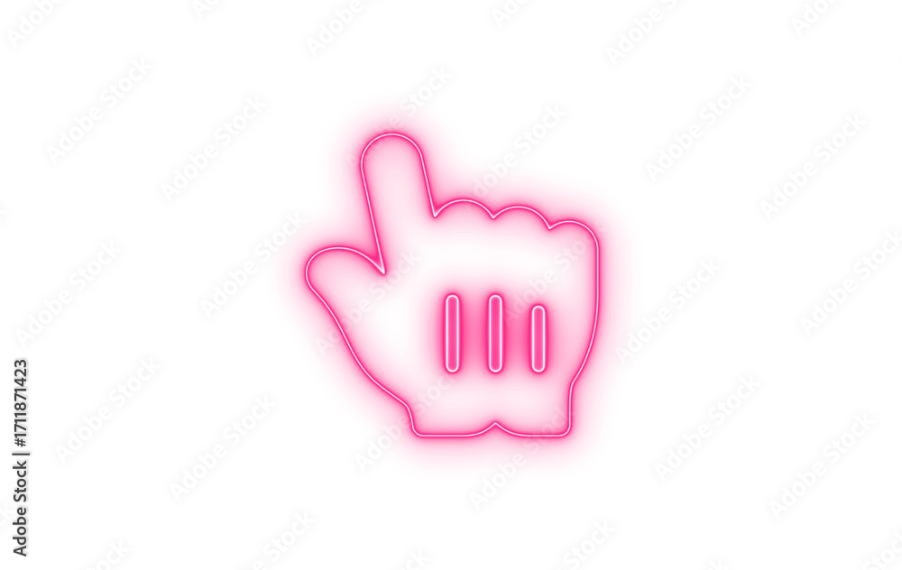Fototapeta premium A vibrant pink neon line art hand pointer icon indicating a click or selection, representing digital interaction and modern technology, isolated on transparent background.
