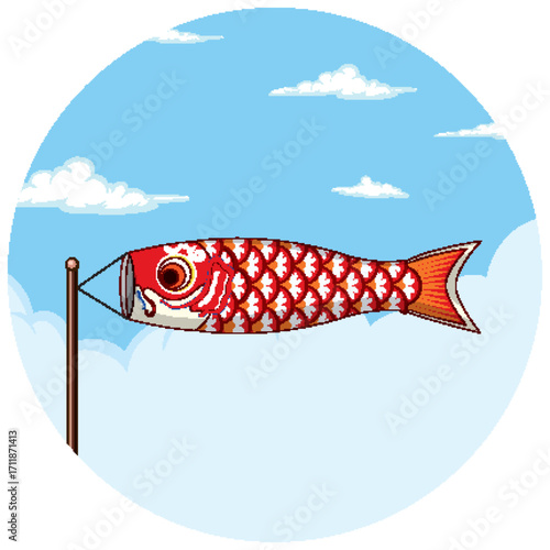 Red Koinobori Carp Streamer Flying in Blue Sky
