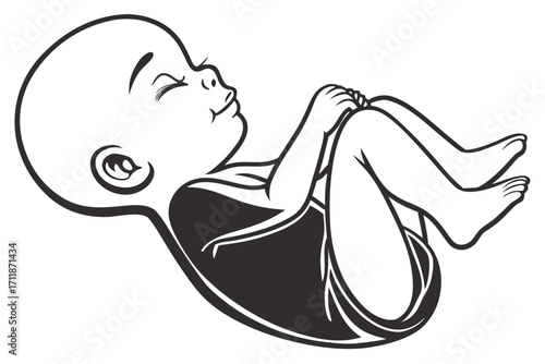 Stylized Black and White Illustration of a Newborn Baby.