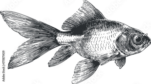 A detailed black and white illustration of a goldfish swimming gracefully in water.