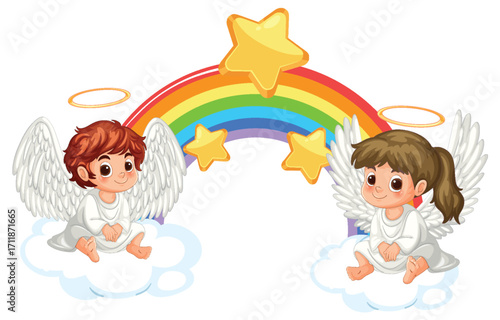 Two Cartoon Angels Sitting on Clouds with Rainbow