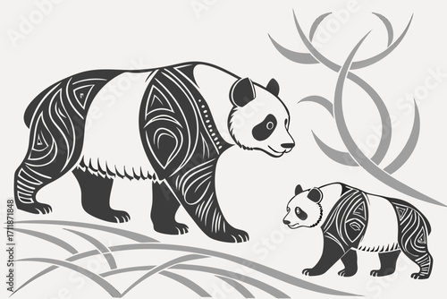 Stylized Giant Pandas Walking Together in Nature.