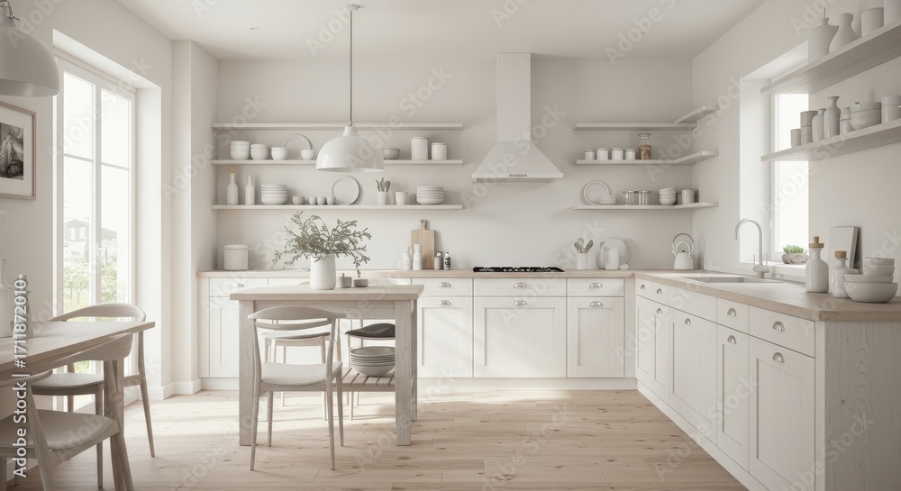 Fototapeta premium Modern White Kitchen Interior with Table Chairs and Shelves.
