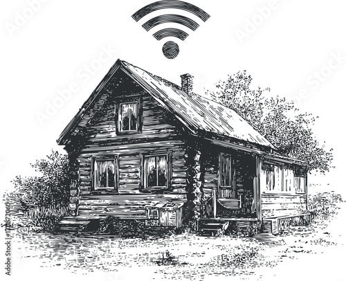 An illustrated wooden house with a wifi signal above, symbolizing modern connectivity in rural areas.