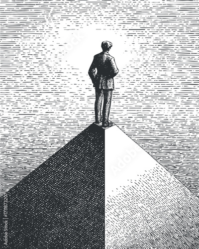 A person stands atop a pyramid symbolizing achievement and success in business and life.