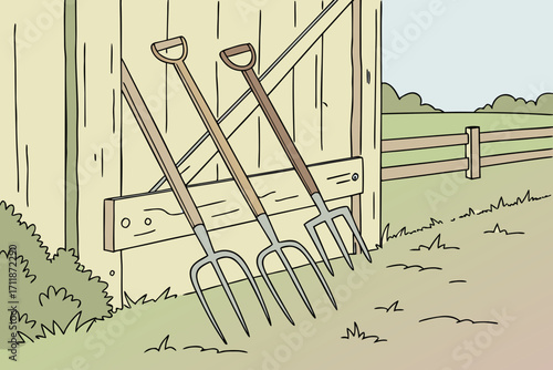 Three Pitchforks Leaning Against Wooden Gate.