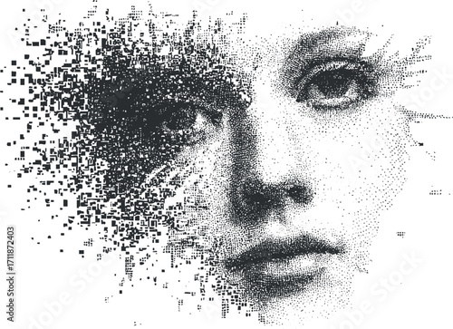 An abstract digital artwork illustrating a fragmented face composed of pixels and dots.