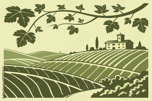 Tuscan Vineyard Landscape with Farmhouse and Grapevines.