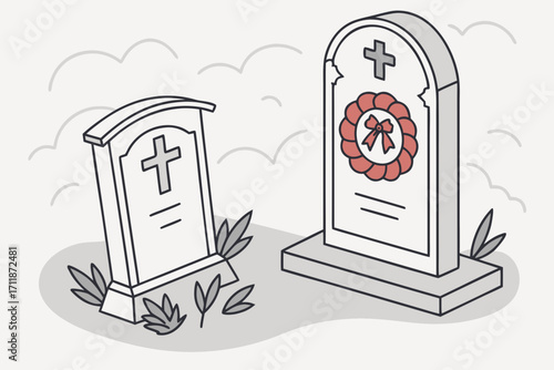 Two Gravestones in a Cemetery with Wreath.