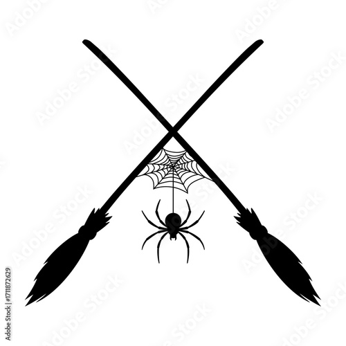 Logo con silueta de escobas de bruja cruzadas con araña colgando de una tela de araña para felicitaciones y tarjetas de Halloween