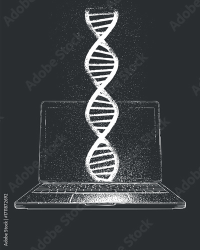 A laptop displaying a digital DNA strand symbolizing advancements in genetics and biotechnology.