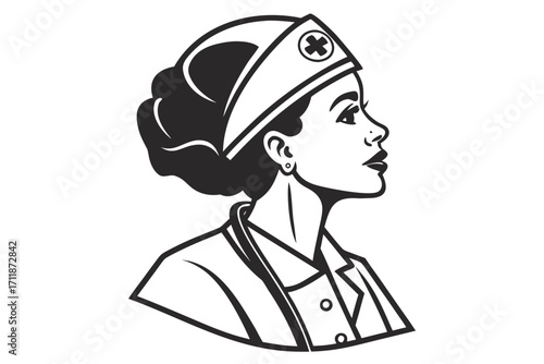 Vintage Nurse Portrait Profile Illustration.