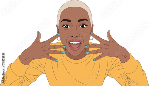 Excited young woman with striking blue nails showing surprise with open mouth and wide eyes