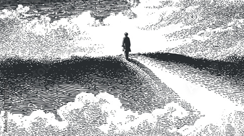 A minimalist black and white illustration of a person walking on a path through clouds.