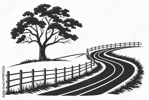 Winding Country Road Beside a Lone Tree.