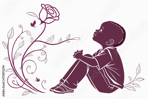 Young boy looking up at a blooming rose.