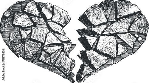 Illustration of a broken heart composed of cracked pieces emphasizing themes of love and loss.