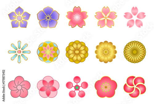 日本の伝統的な花のアイコンのセット