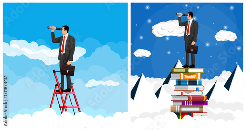 Man standing with spyglass on ladder and book stack above a cloud. Business vision, success, and education concept.