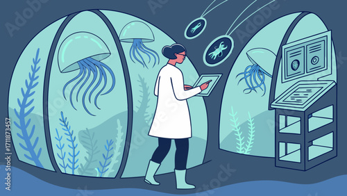 Marine Biotech Researcher Exploring Futuristic Digital Ocean Creatures with Holographic Data Tools