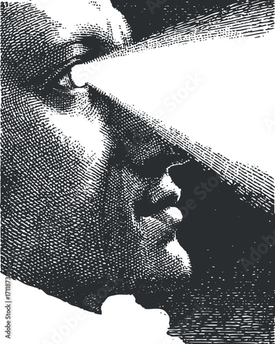 A striking illustration of a face with light emanating from the eye symbolizing vision and insight.