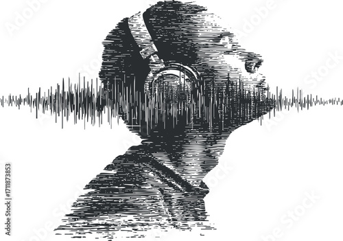 A silhouette of a person wearing headphones with a sound wave graphic above their head.