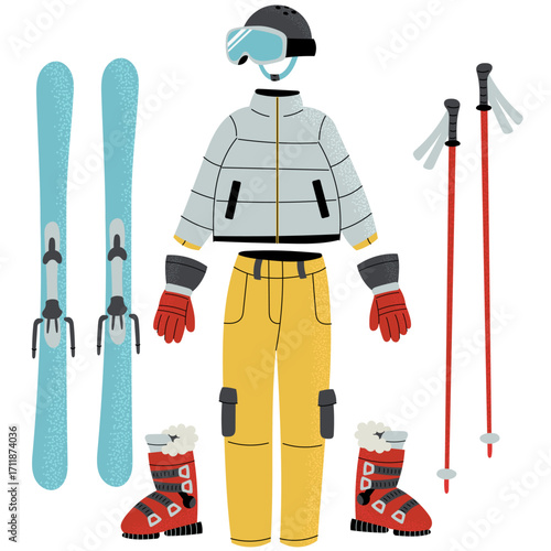 Skier's clothes for the cold season. set of winter sports equipment including skis,ski, boots, helmet, gloves, jacket, pants and goggles
